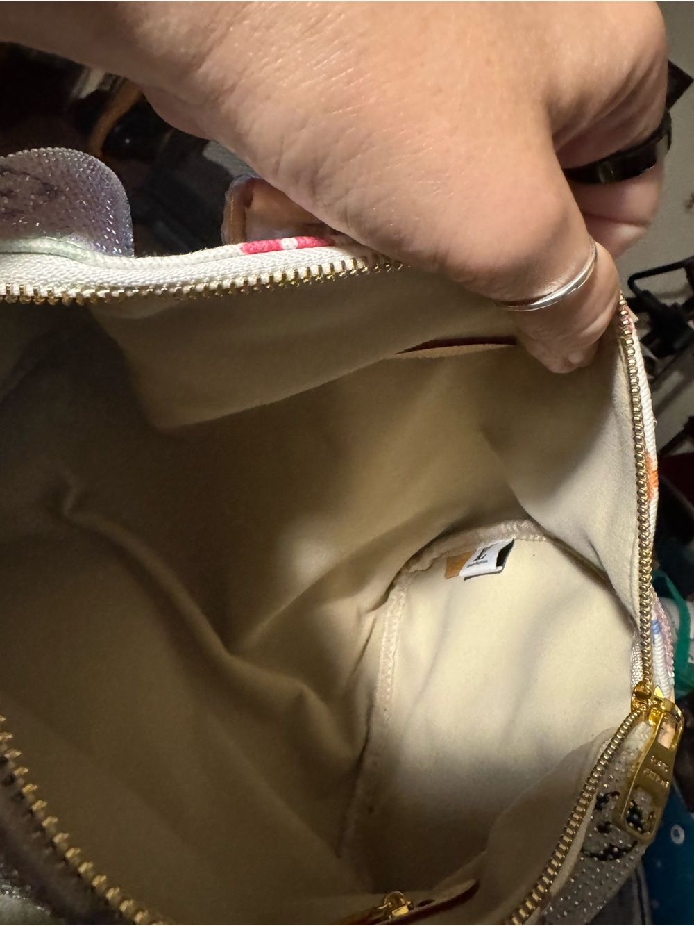 White Multicolor Canvas Satchel with Natural Leather Handles - Picture 7 of 11